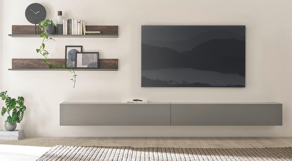 WOHNWAND Thermo Eiche, grau, Wohnkombination 4-teilig 380 x 170 cm - Eichefarben/Grau, Holzwerkstoff (380/170/30cm) - Furn.Design