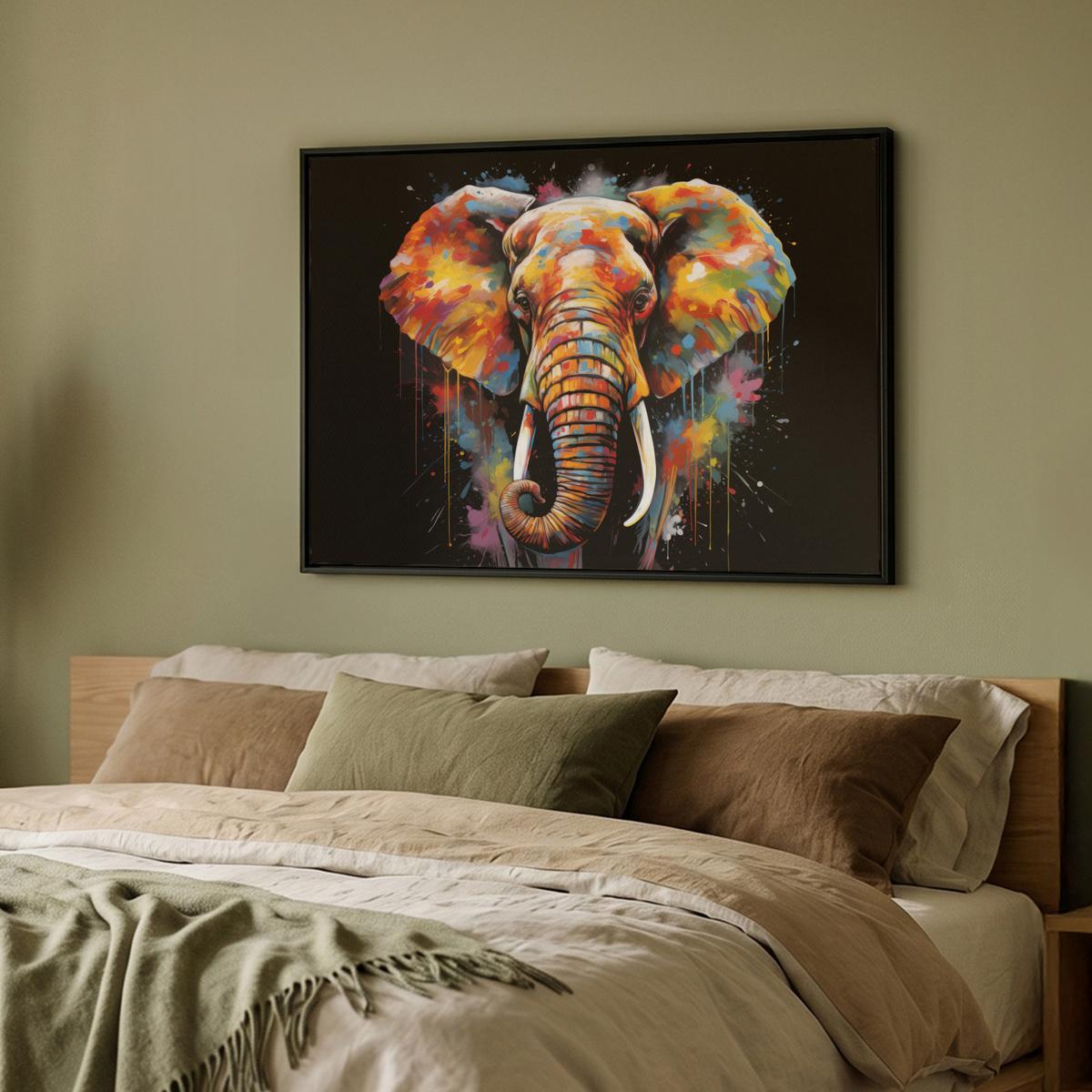 LEINWAND Bilder mit Rahmen - Elefant - Graffiti - Schwarz - Tiere - Farben - 100x70 - Schwarz, Textil (100/70cm) - MuchoWow