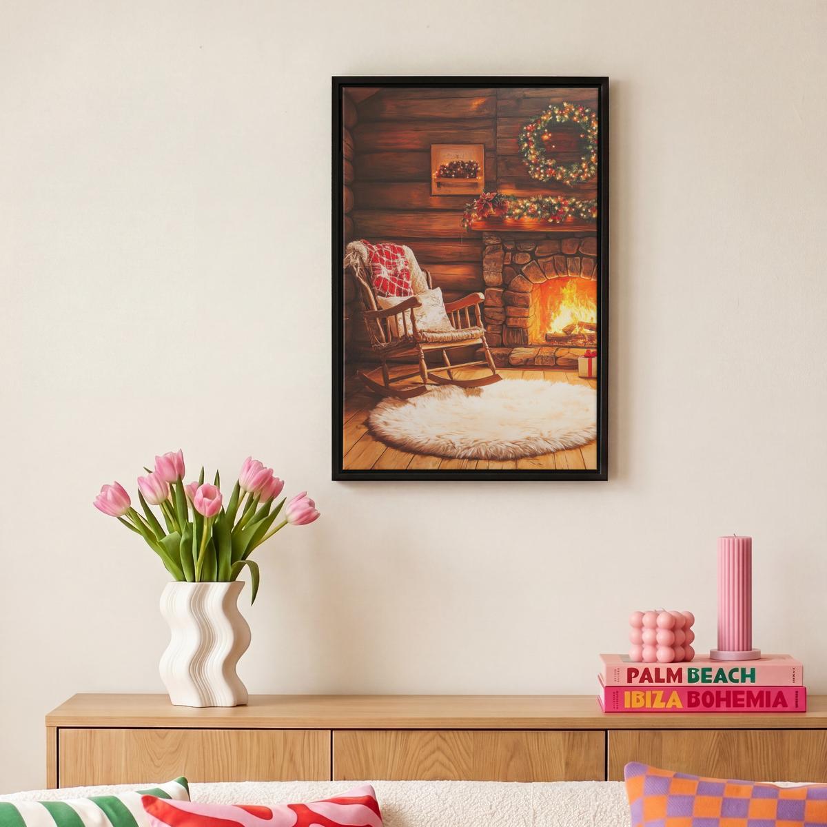 LEINWAND Bilder mit Rahmen - Winter - Weihnachten - Zuhause - Kamin - 20x30 - Bernsteinfarben, Textil (20/30cm) - MuchoWow