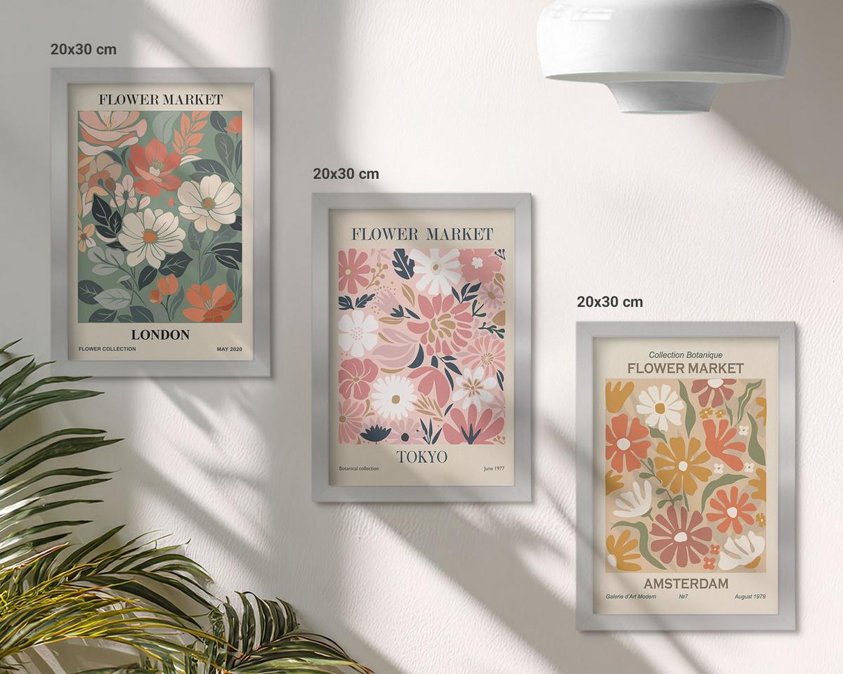 BILDER SET 3er Set - 20x30 cm Silberner Rahmen - Blumenmuster London Tokio Amsterdam - Silberfarben, Kunststoff (20/30cm) - TULUP