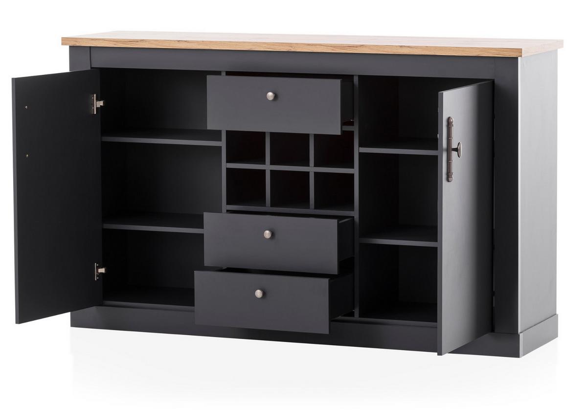 ESSZIMMER-SET 3-teilig grau, Eiche Wotan, Landhaus, Speisezimmer mit Soft-Close - Silberfarben/Eiche Wotan, Glas/Holzwerkstoff (146/169/90cm) - Furn.Design