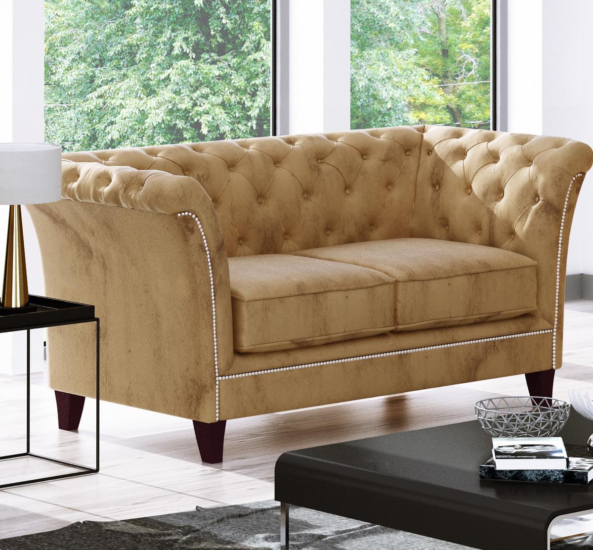 CHESTERFIELD-SOFA 2-Sitzer Fusion Beige Samt - Beige/Braun, Holz/Textil (175/75/82cm) - S-Style Möbel