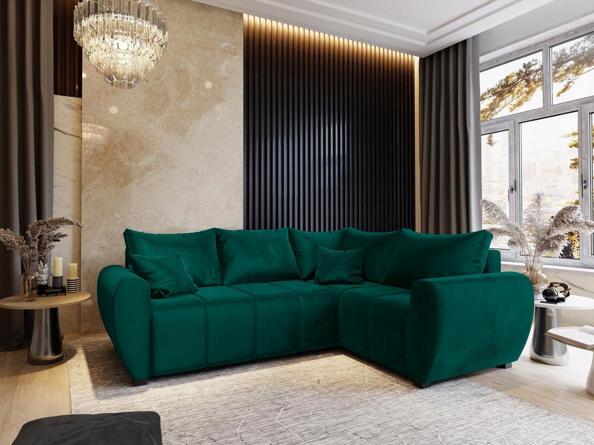 ECKSOFA MADISON L R-S Grün Plüsch-Stoff mit Schlaffunktion - Schwarz/Grün, Holz/Kunststoff (235/175cm) - MASSENO