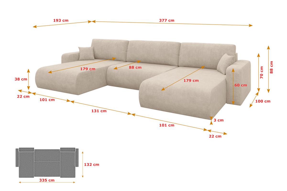 WOHNLANDSCHAFT mit Schlaffunktion und Bettkasten BERY-U 377x193x88 Beige Velours - Schwarz/Sahara, Holzwerkstoff/Kunststoff (377/88/193cm) - ALTDECOR