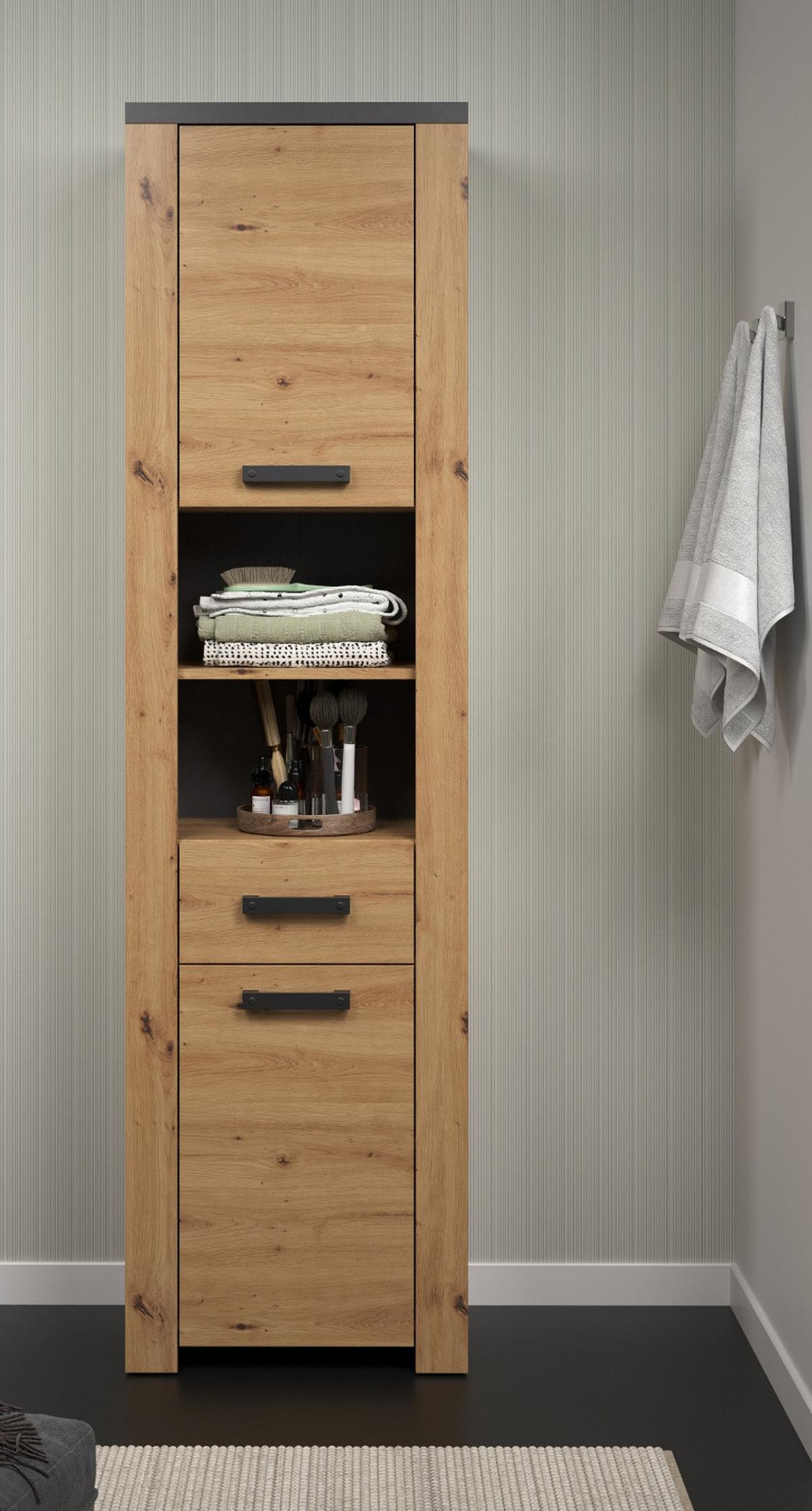 HOCHSCHRANK Eiche Artisan, grau 53 x 196 cm, Badschrank mit 6 Fächern und Vollauszug - Eichefarben/Schwarz, Holzwerkstoff/Kunststoff (53/196/35cm) - Top.Furn