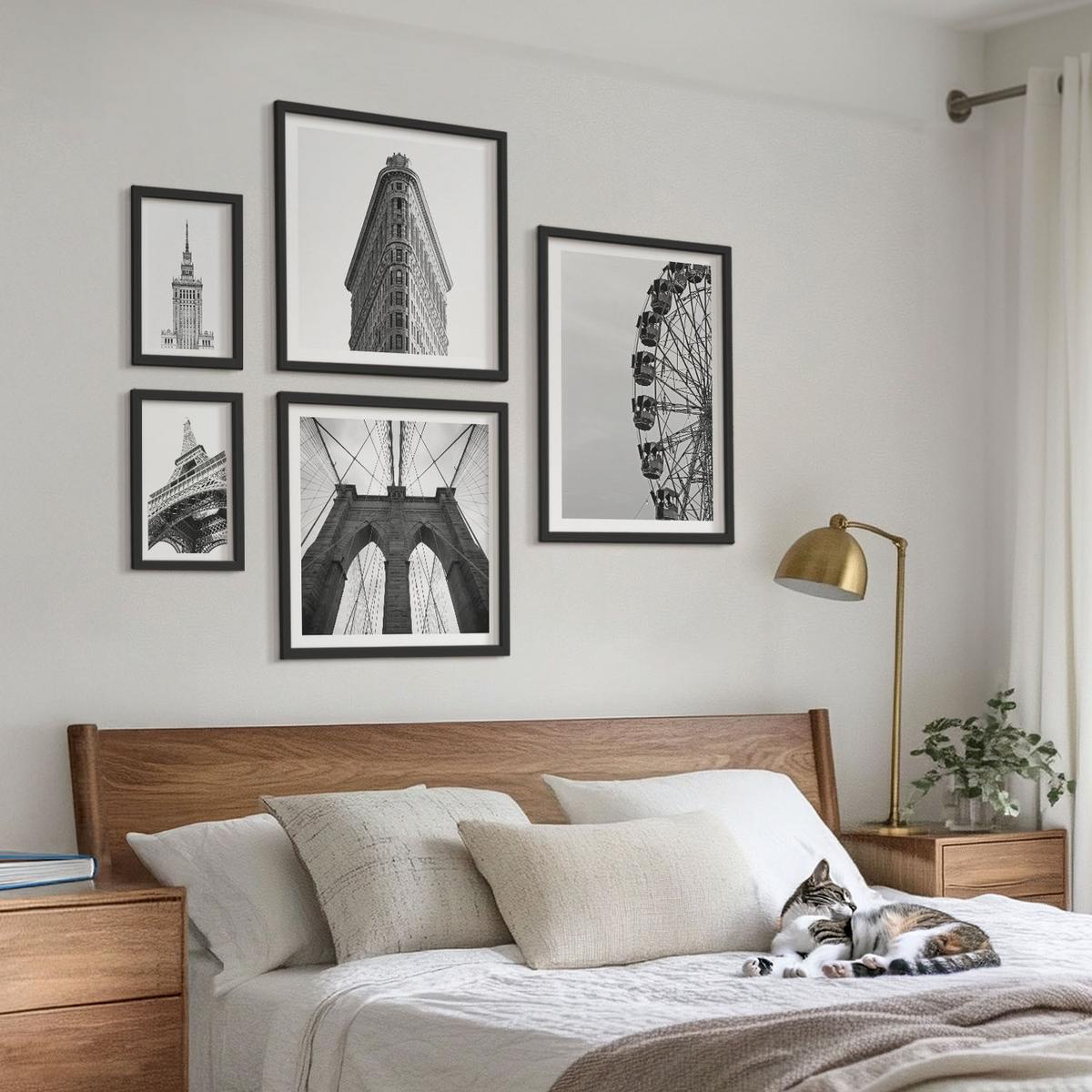 BILDER SET 5er Set - 50x50 cm & 20x30 cm & 40x60 cm Schwarzer Rahmen - Architektur Schwarz-Weiß-Minimalismus - Schwarz, Kunststoff (40/60cm) - TULUP