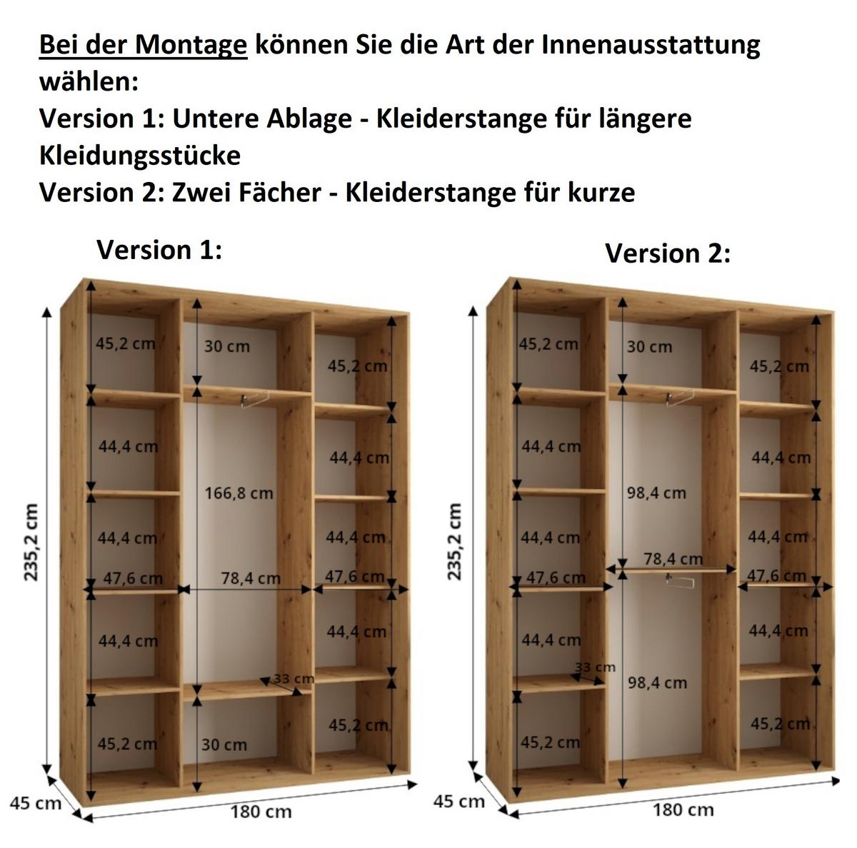 SCHWEBETÜRENSCHRANK 235,2/180/45 3-türig - Kaschmir/Schwarz, Holz/Metall (180/235.2/45cm) - MÖBEL KRYSPOL