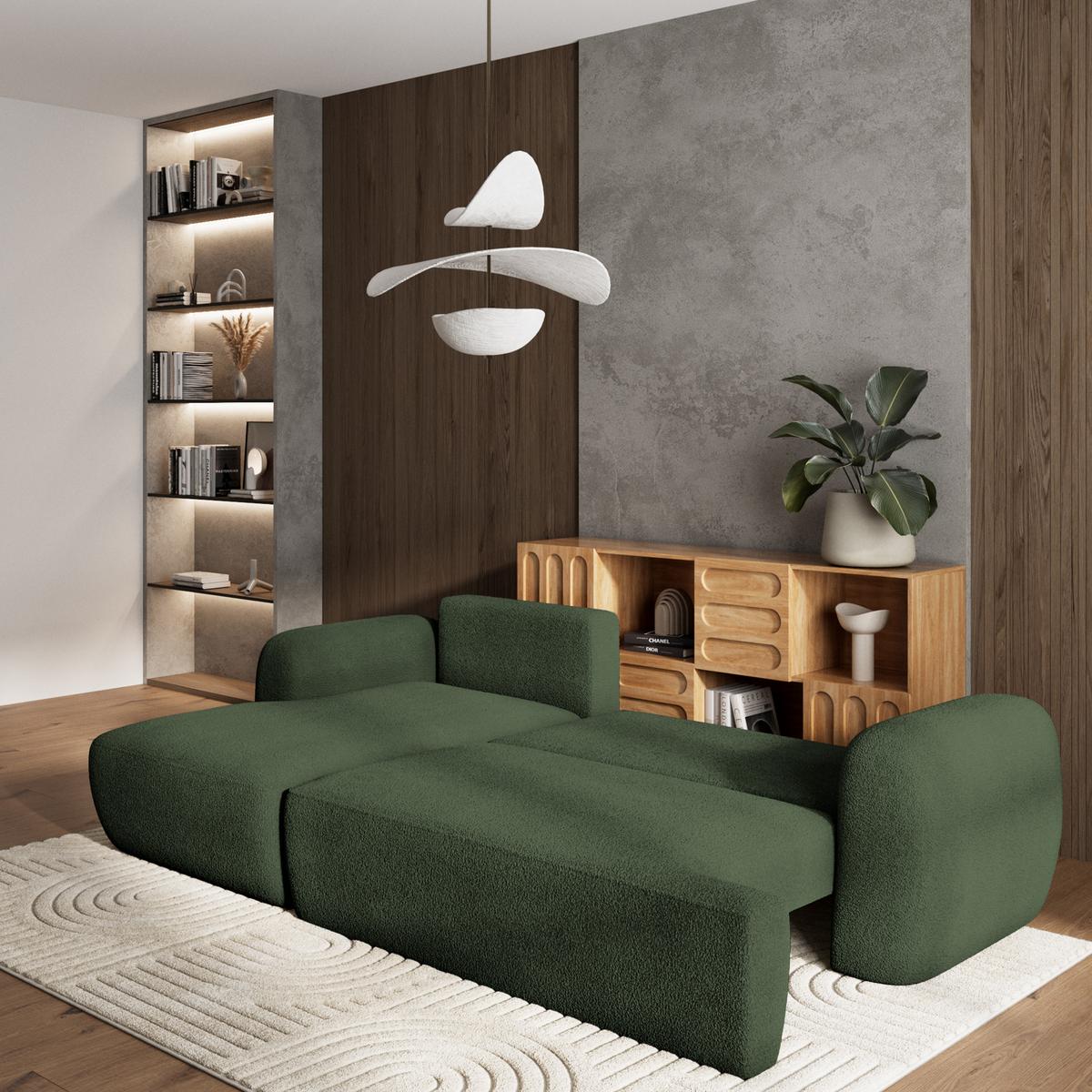ECKSOFA MODENZA N L-S Grün Boucle-Stoff mit Schlaffunktion - Schwarz/Grün, Holz/Kunststoff (266/148cm) - MASSENO