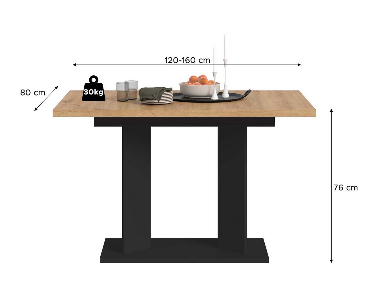 ESSTISCH Eiche Artisan, schwarz 120 - 160 x 80 cm, Küchentisch ausziehbar - Schwarz/Eiche Artisan, Holzwerkstoff (80/120/76cm) - Inn.Furn