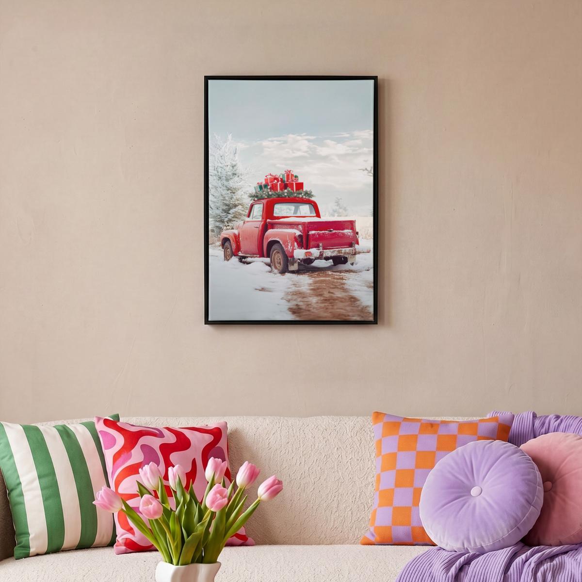 LEINWAND Bilder mit Rahmen - Auto - Rot - Geschenke - Winter - Schnee - Weihnachten - 40x60 - Rot, Textil (40/60cm) - MuchoWow
