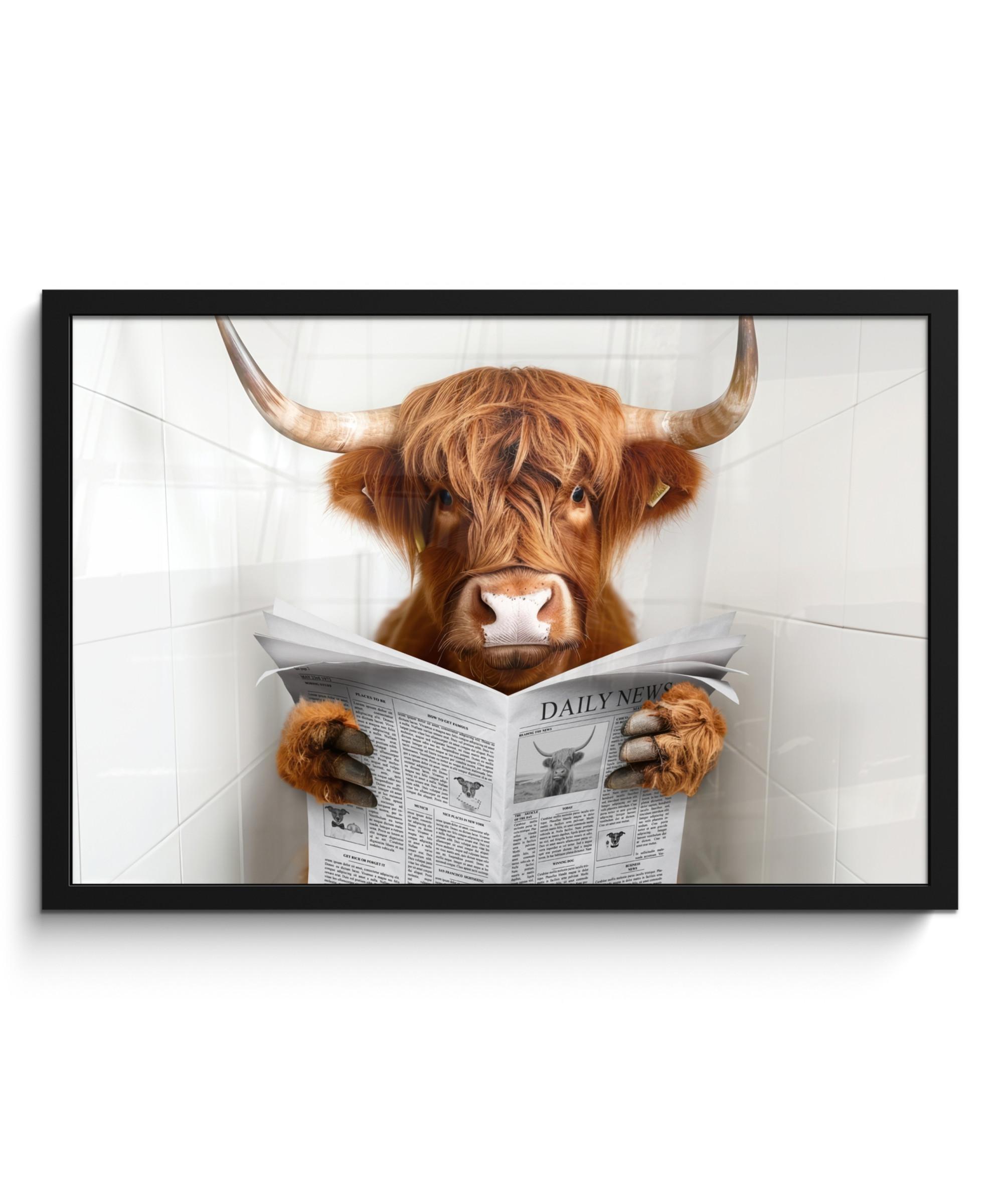 POSTER MIT RAHMEN Schottischer Highlander - Tier - Zeitung - Toilette 60x40 cm - Kastanienfarben, Papier (60/40cm) - MuchoWow