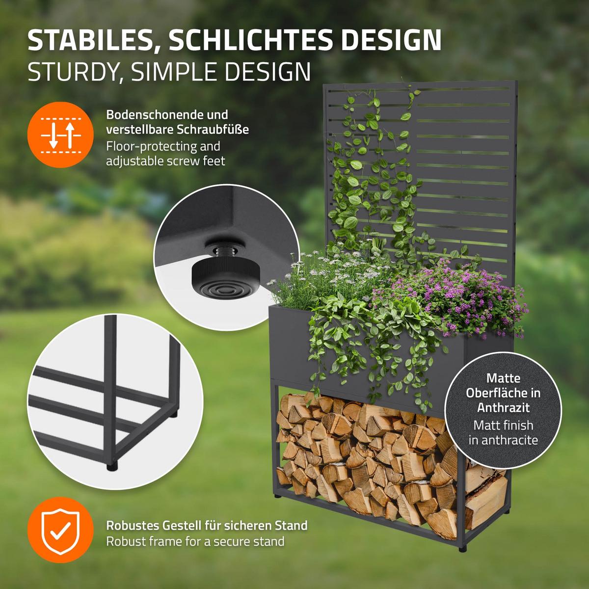 KAMINHOLZREGAL Innen Außen mit Pflanzkasten und Rankgitter Brennholzregal Stahl verzinkt Anthrazit 90x40x170 cm - Anthrazit, Metall (90/170/30cm) - ML-DESIGN