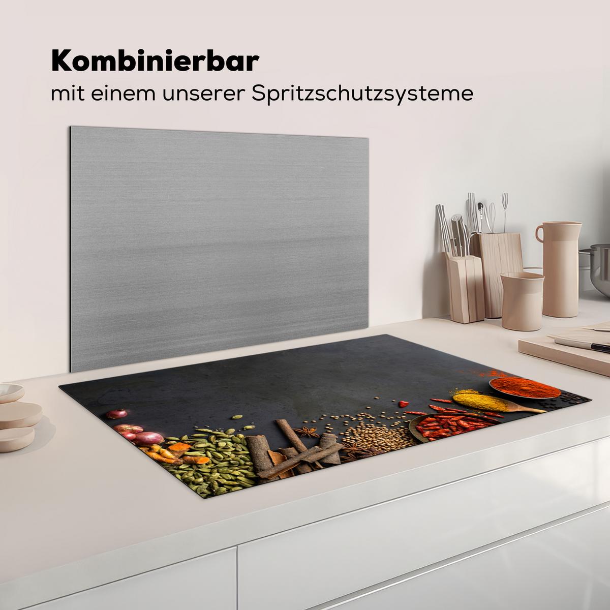 HERDABDECKPLATTE Kräuter - Lebensmittel - Gewürze - Schwarz - Paprika - Zimt Ceranfeldabdeckung 85x52 cm - Currygelb, Kunststoff (85/52/0.2cm) - MuchoWow