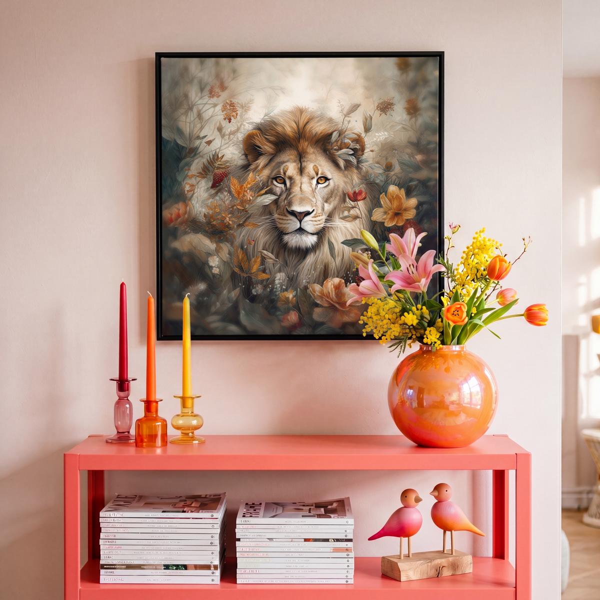 LEINWAND Bilder mit Rahmen - Löwe - Wildtiere - Pflanzen - Natur - Blumen - 50x50 - Beige, Textil (50/50cm) - MuchoWow