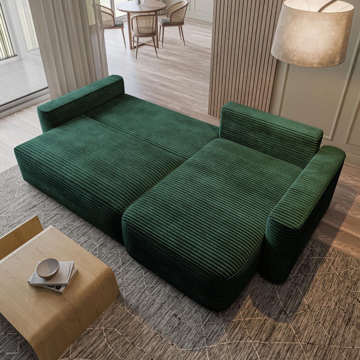 ECKSOFA NERI T Grün Kordstoff mit Schlaffunktion - Grün, Holzwerkstoff/Textil (280/157cm) - MASSENO