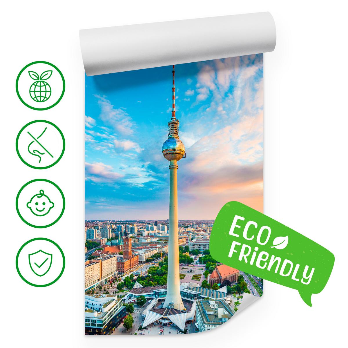 FOTOTAPETE für Wohnzimmer Fernsehturm Berlin Stadt Wolkenkratzer 150x105 - Beige/Orange, Papier (150/105cm) - Muralo