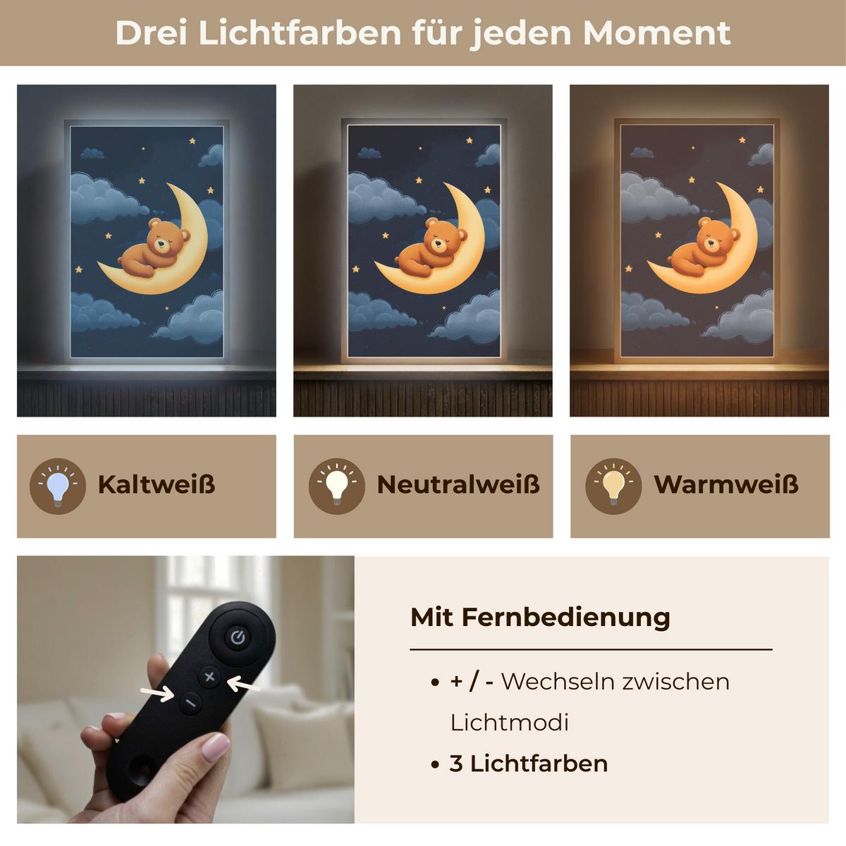 WANDLEUCHTE MIT AKKU Teddybär - Mond - Wolken - Sterne 40x60 cm - Dunkelblau, Holzwerkstoff (40/60/8cm) - OnlyWow