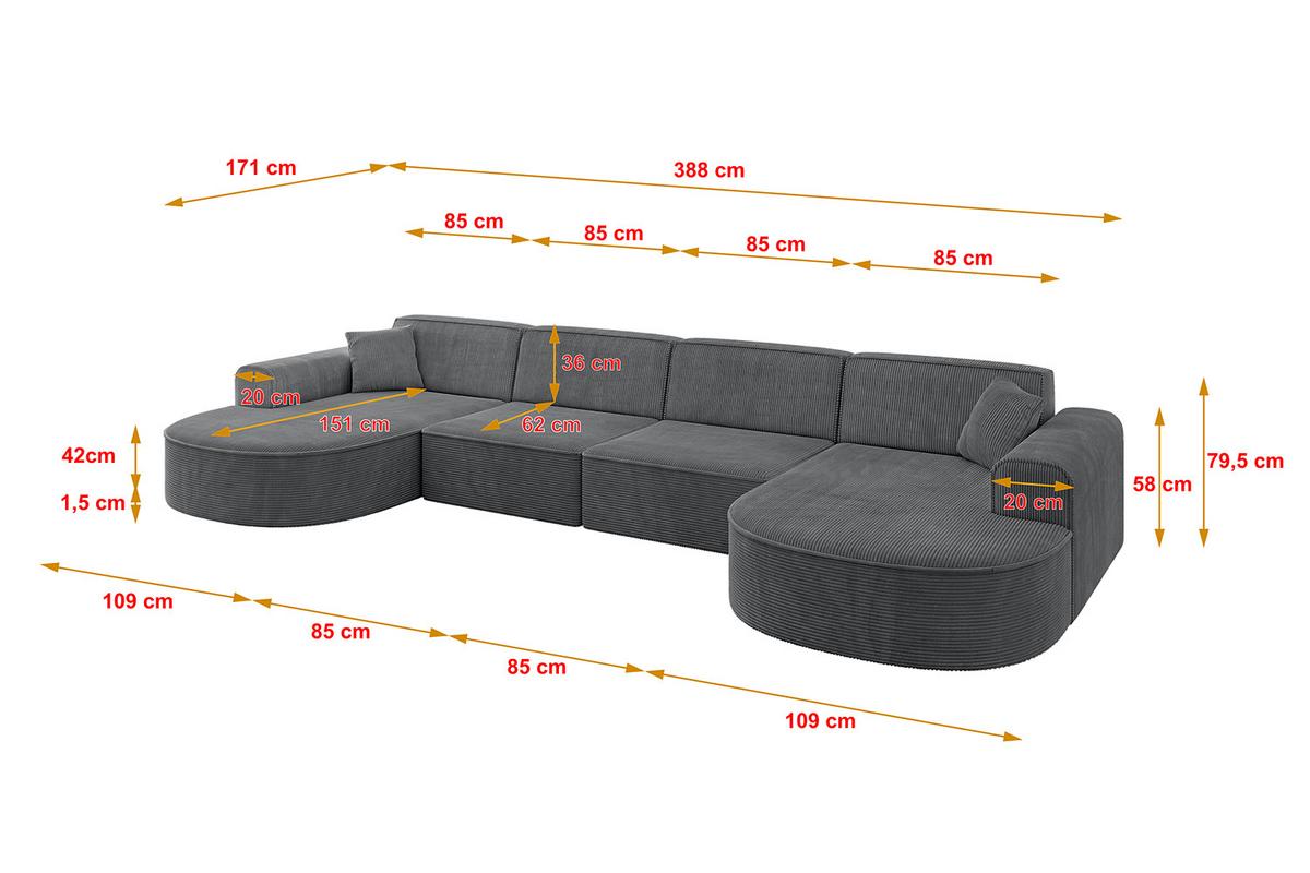 WOHNLANDSCHAFT MARI-U2 - 388x171x79 cm Dunkelgrau Cord - Dunkelgrau/Schwarz, Holzwerkstoff/Kunststoff (388/79/171cm) - ALTDECOR