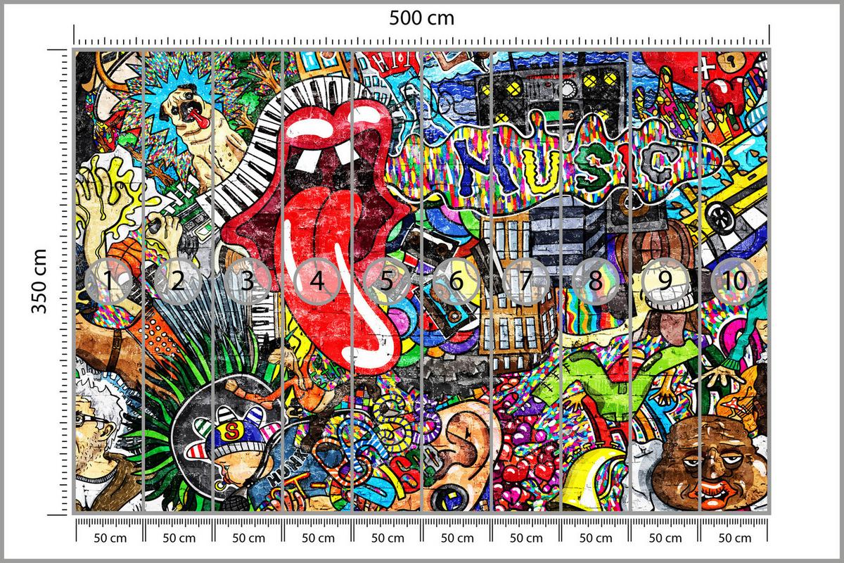 FOTOTAPETE für Jugendzimmer GRAFFITI Musik Abstrakt Farben 500x350 - Blau/Gelb, Papier (500/350cm) - Muralo
