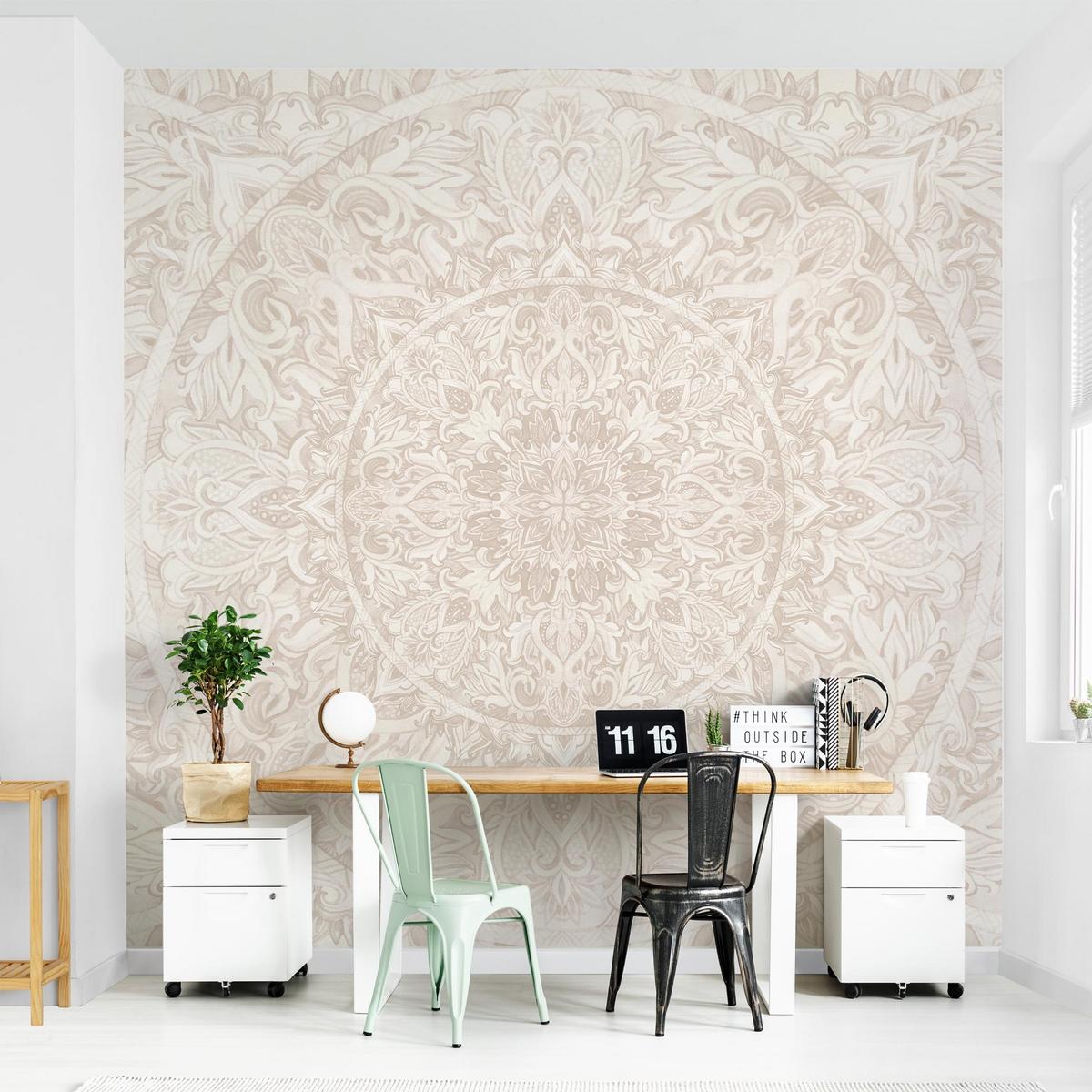 FOTOTAPETE Mandala Aquarell Muster Ornament beige 240/240 cm - Eichefarben, Papier (240/240cm) - Bilderwelten