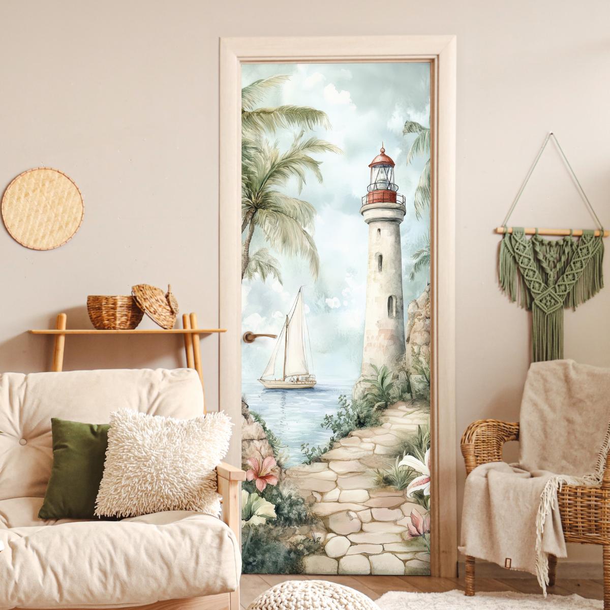 TÜRAUFKLEBER Leuchtturm - Natur - Landschaft - Boot 90x235 cm - Türtapete - Eichefarben, Kunststoff (90/0.1cm) - MuchoWow