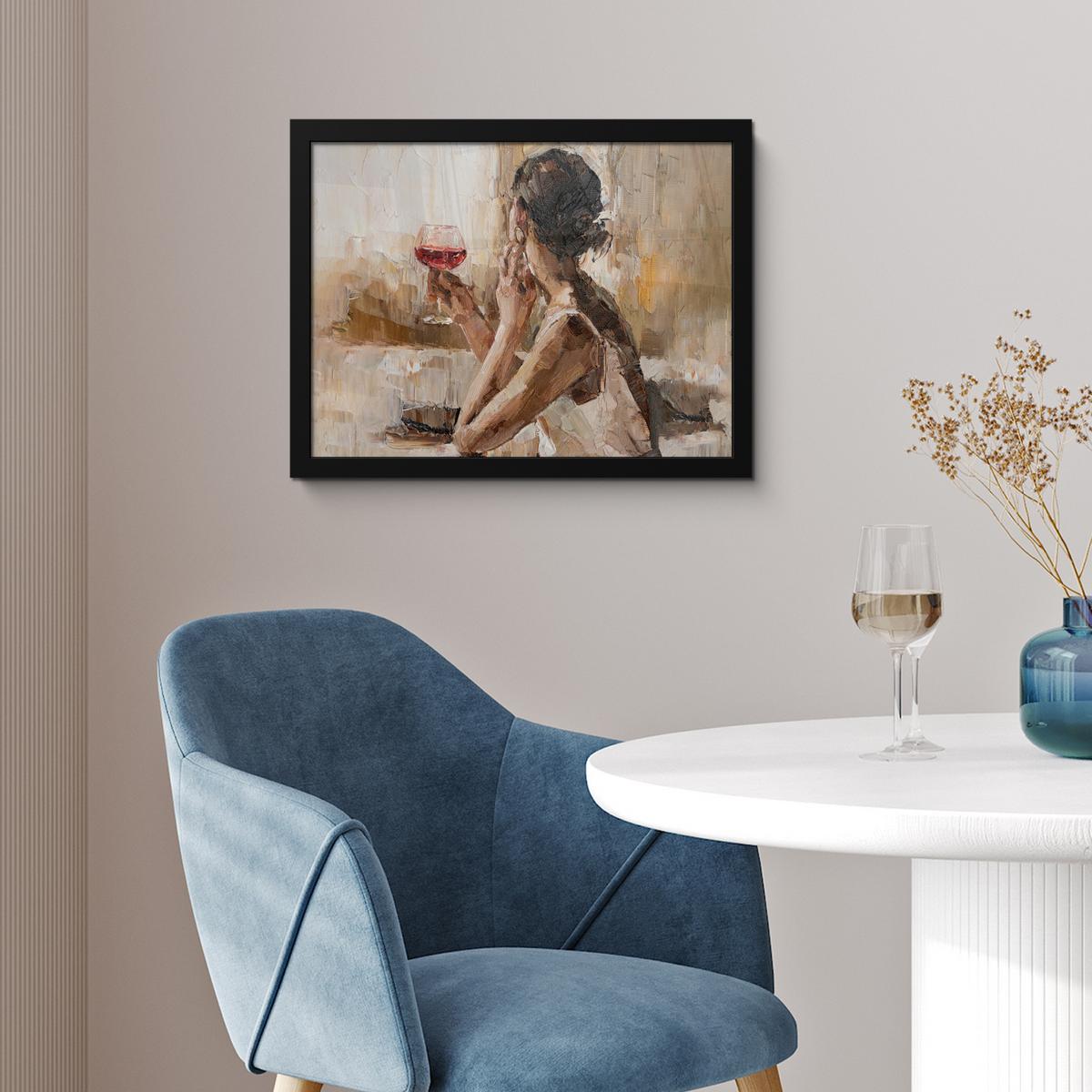 POSTER MIT RAHMENGERAHMTES BILD Ölgemälde - Frau - Wein 40x30 cm - Hellbraun, Papier (40/30cm) - MuchoWow