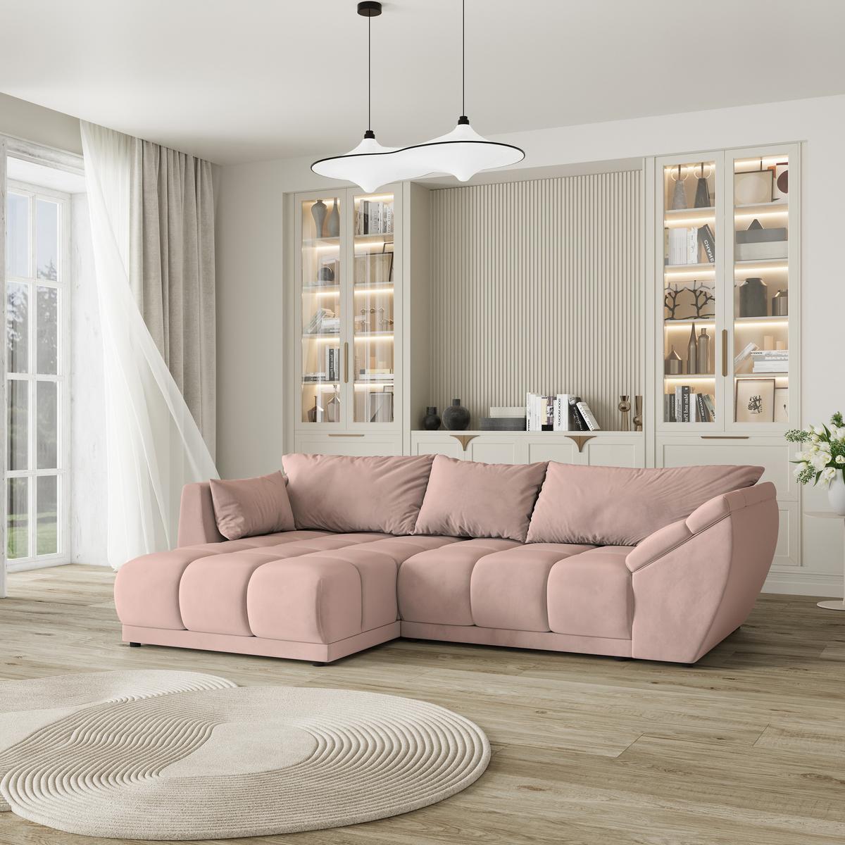 ECKSOFA ORENTI L-S Rosa Velours-Stoff mit Schlaffunktion - Rosa, Holz (287/182cm) - MASSENO