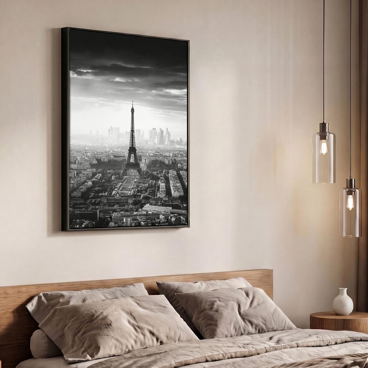 LEINWAND Bilder mit Rahmen - Paris - Skyline - Eiffelturm - Stadt - Wolken - 70x100 - Dunkelgrau, Textil (70/100cm) - MuchoWow
