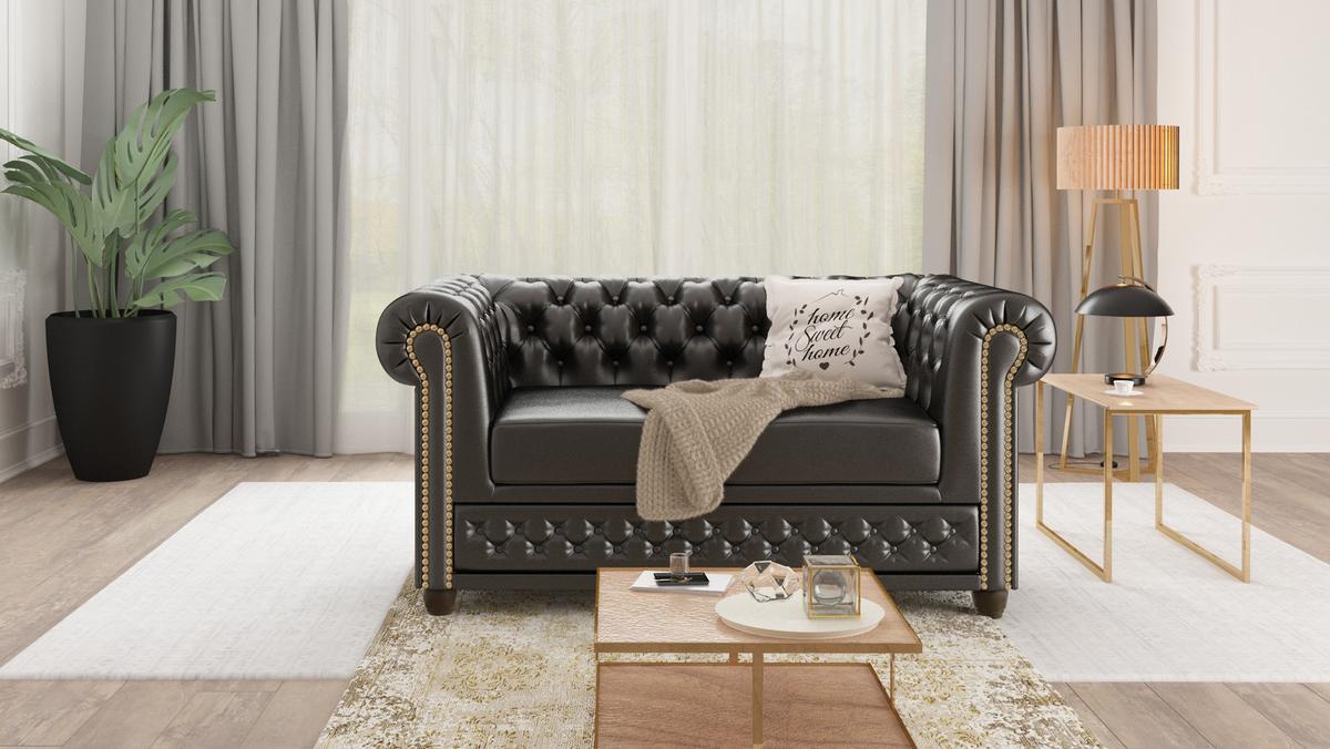 CHESTERFIELD-SOFA 2-sitzer Morin Schwarz vegan Leder - Schwarz/Braun, Holz/Textil (148/72/86cm) - S-Style Möbel