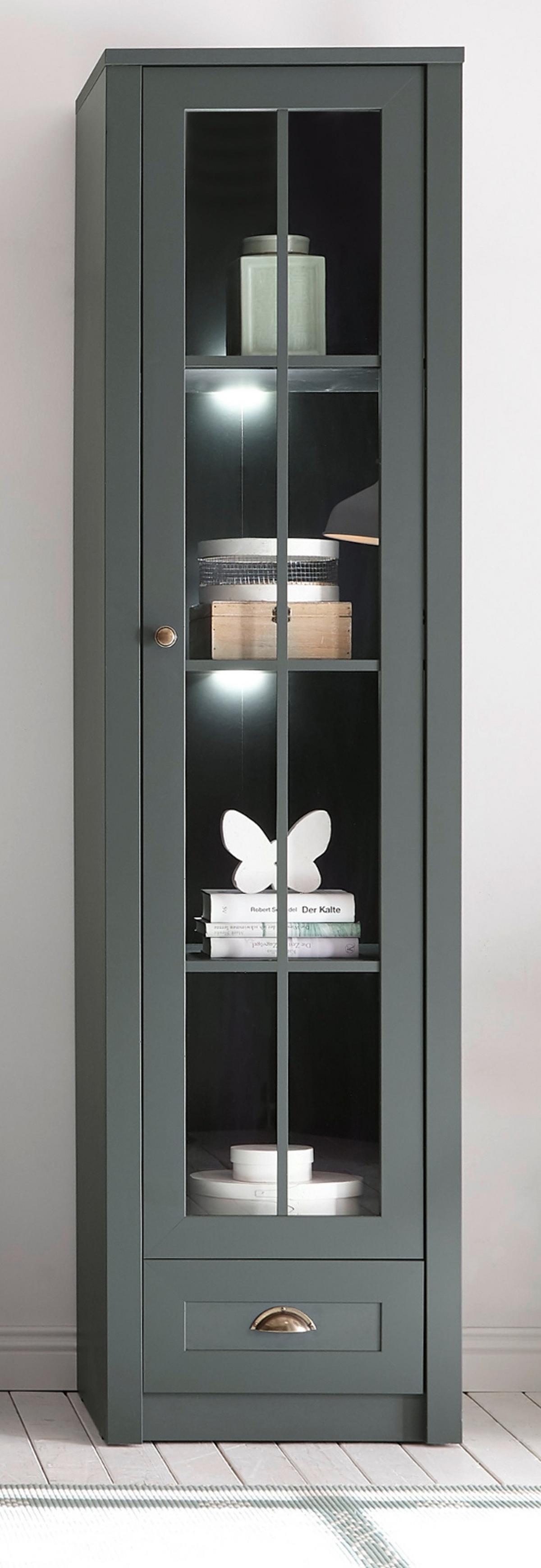 VITRINE grün Landhaus 50 x 197 cm, Vitrinenschrank für Wohn- und Esszimmer - Chromfarben/Schwarz, Glas/Holz (50/197/43cm) - Furn.Design