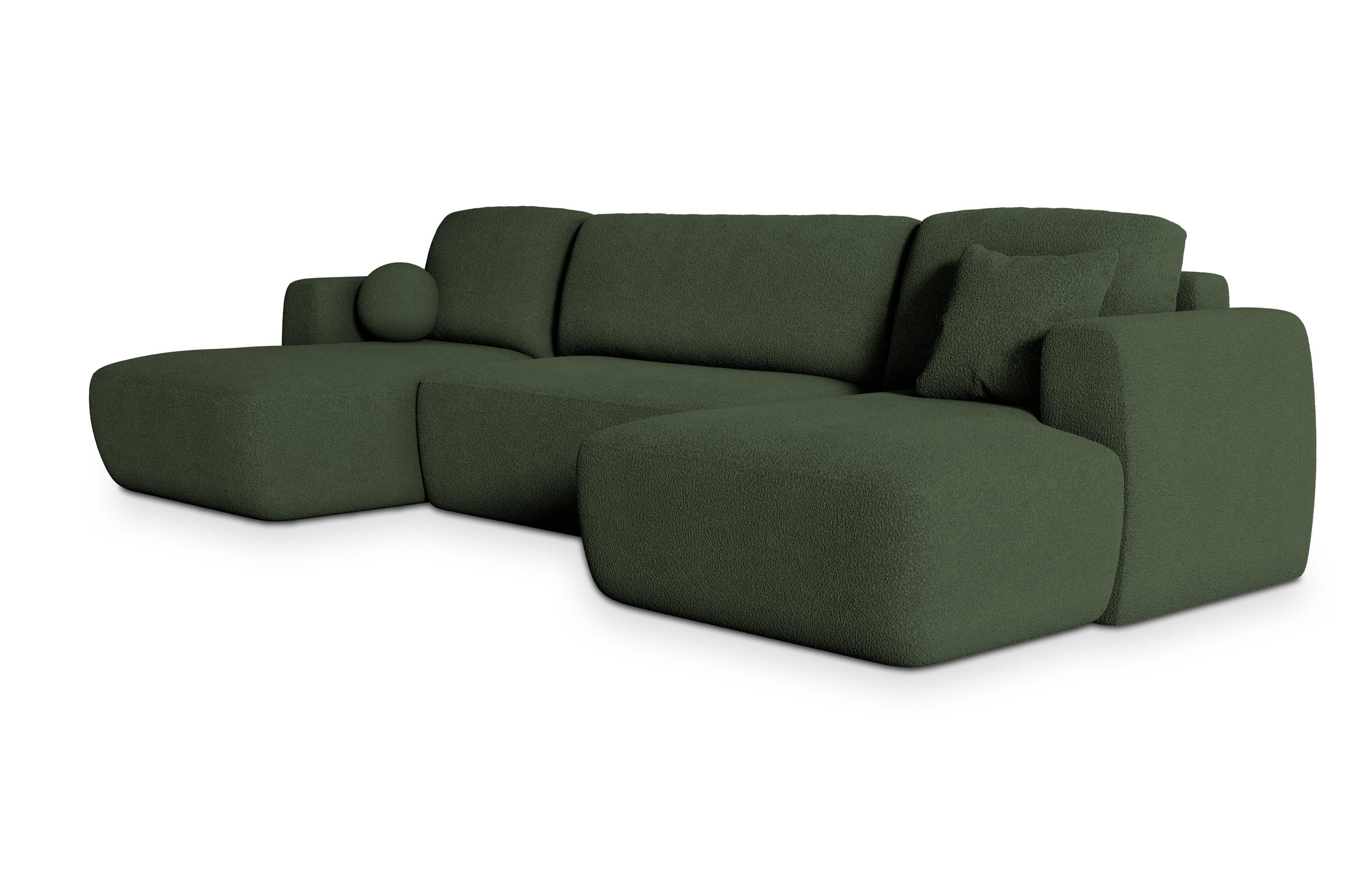 WOHNLANDSCHAFT SENTUM N Grün Boucle-Stoff mit Schlaffunktion - Schwarz/Grün, Holz/Kunststoff (330/90/148cm) - MASSENO