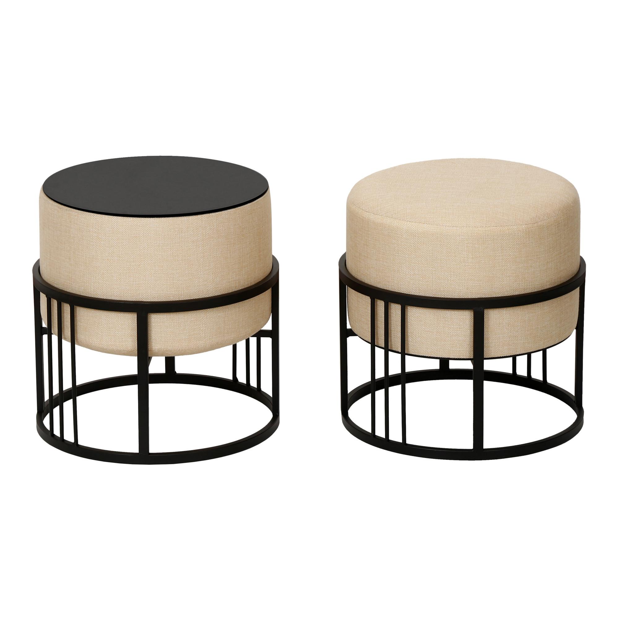 HOCKER-SET 2-TLG. Tas - Beige/Schwarz, Holzwerkstoff/Textil (38/38/38cm) - [en.casa]