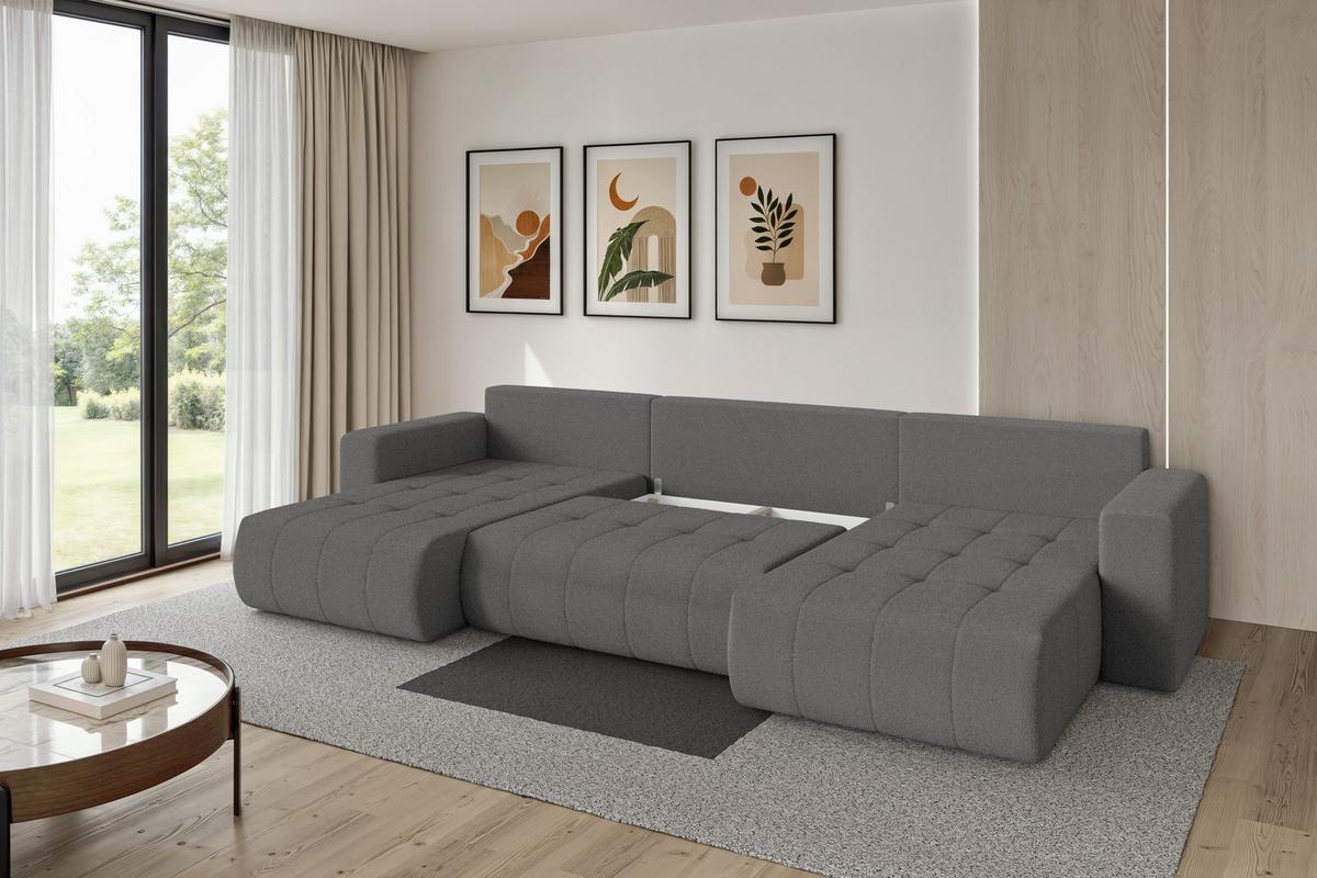 WOHNLANDSCHAFT mit Schlaffunktion und Bettkasten MILA-U 378x194x86 Grau Bouclé - Schieferfarben/Schwarz, Holzwerkstoff/Kunststoff (378/86/194cm) - ALTDECOR
