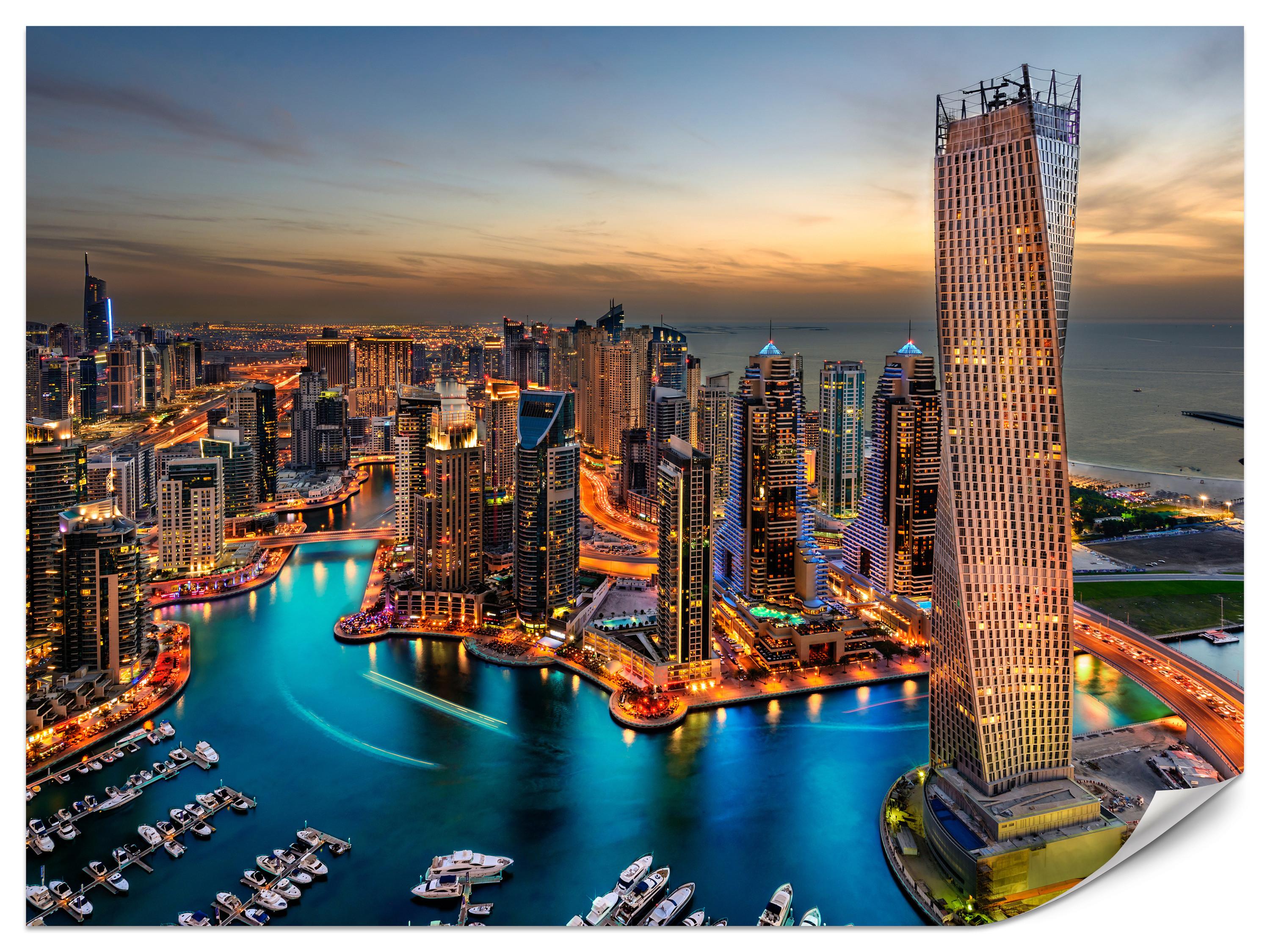 FOTOTAPETE für Büro Hochhäuser Dubai Marina Hafen Lichter Modern 150x105 - Türkis/Gelb, Papier (150/105cm) - Muralo