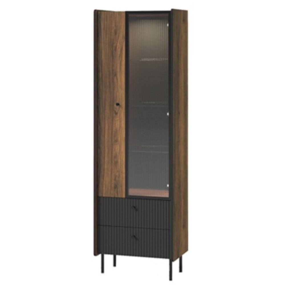VITRINE Piano mit 2 Türen, 2 Schubladen, mit LED, Mattschwarz + Warmia-Nussbaum - Dunkelbraun/Schwarz, Holzwerkstoff (59/191/40cm) - Beautysofa
