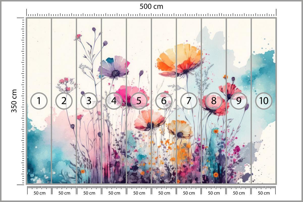 FOTOTAPETE für Schlafzimmer Abstrakte Bunte Wiesenblumen Aquarell 500x350 - Türkis/Rot, Papier (500/350cm) - Muralo