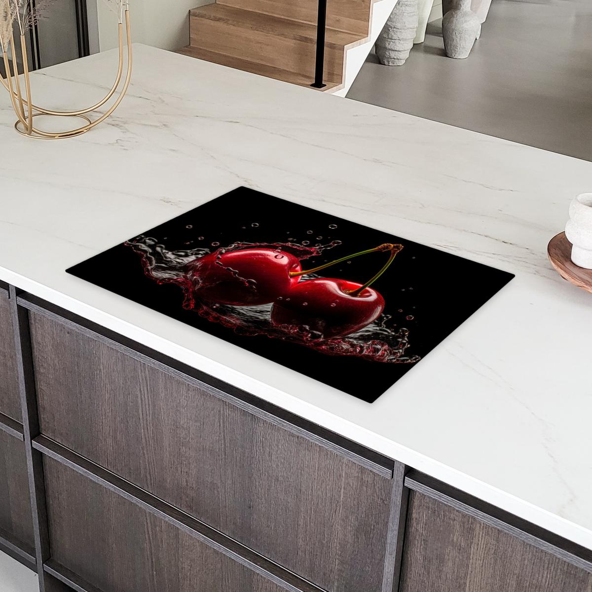 HERDABDECKPLATTE Kirsche - Rot - Frucht - Wasser - Schwarz Ceranfeldabdeckung 76x51.5 cm - Kirschrot, Kunststoff (76/51.5/0.2cm) - MuchoWow