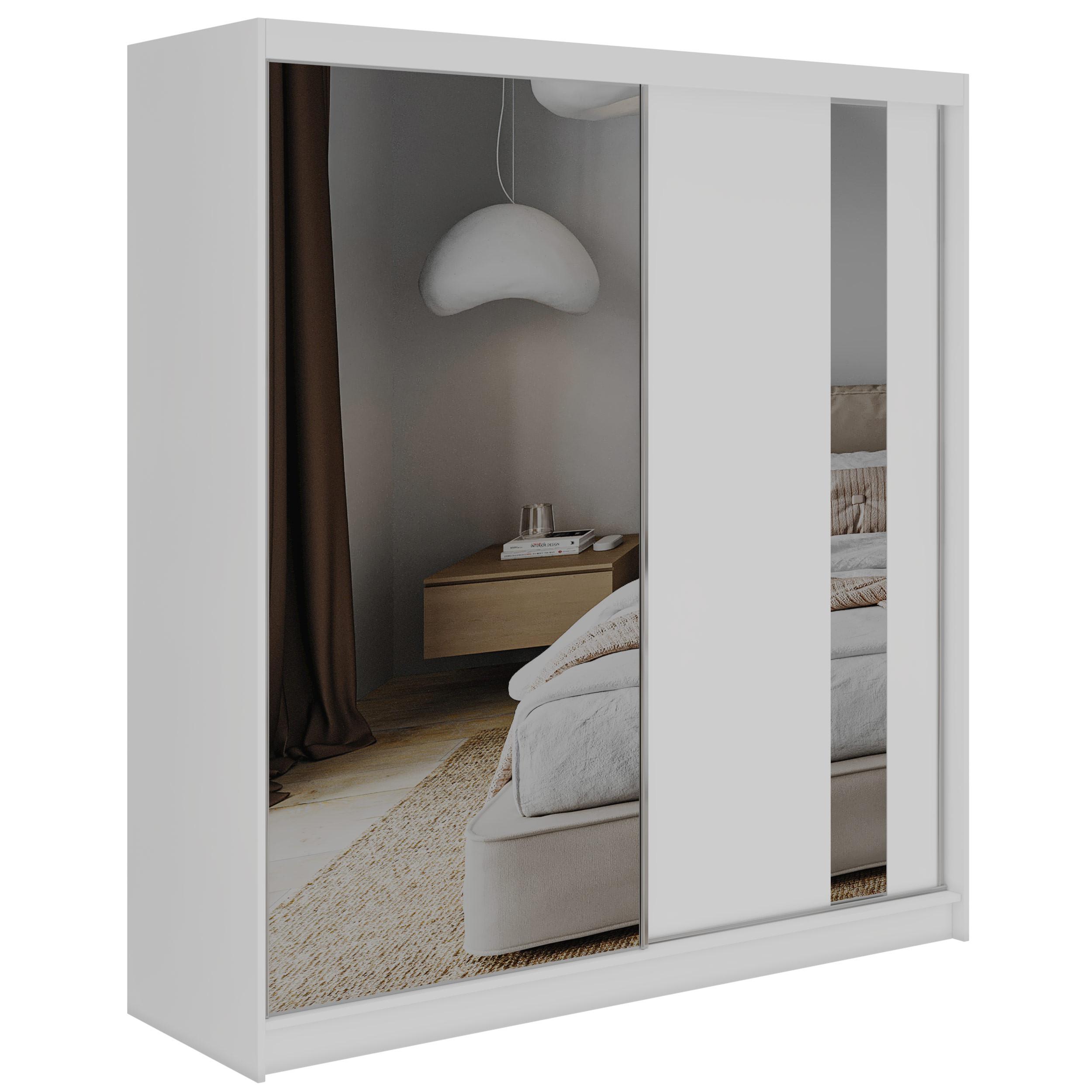 SCHWEBETÜRENSCHRANK 200 - GRECJA - Weiß mit Spiegel - Alufarben/Weiß, Holzwerkstoff/Metall (200/216/61cm) - MKS