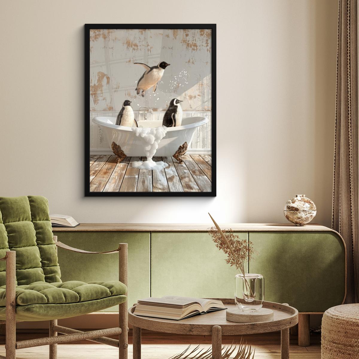POSTER MIT RAHMEN Vintage - Pinguin - Badewanne - Schaumstoff Posterleiste 60x80 cm - Schwarz, Papier (60/80cm) - MuchoWow