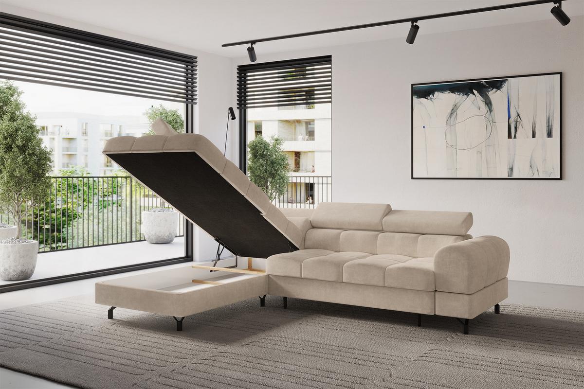 ECKSOFA mit Schlaffunktion Ottomane Links LUMA-L 272x203x70 Beige Velours - Sandfarben/Schwarz, Holzwerkstoff/Kunststoff (272/203cm) - ALTDECOR