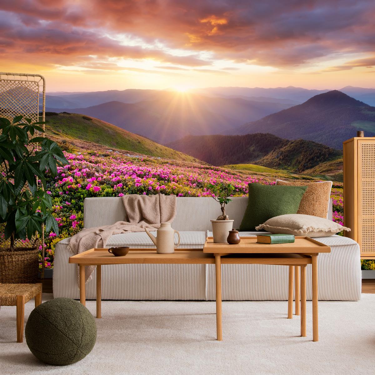 FOTOTAPETE für Wohnzimmer Sonnenuntergang Berge Wiese Blumen 400x280 - Violett/Rosa, Papier (400/280cm) - Muralo