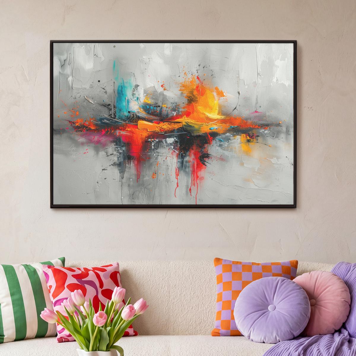 LEINWAND Bilder mit Rahmen - Moderne Kunst - Orange - Grau - Abstrakt - 90x60 - Hellgrau, Textil (90/60cm) - MuchoWow