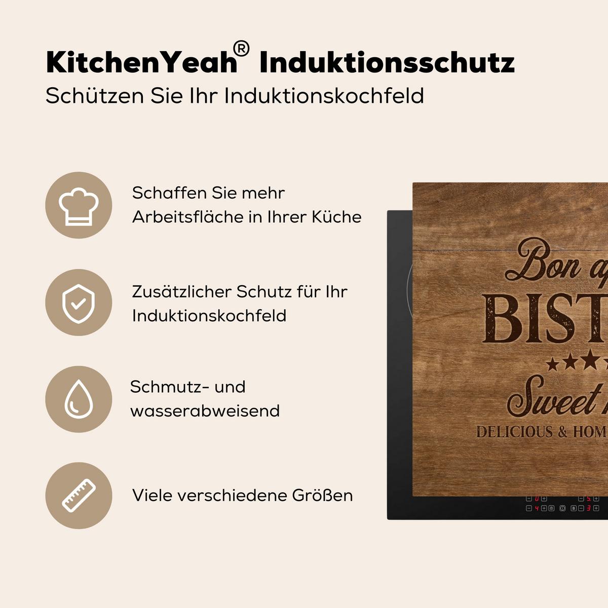 HERDABDECKPLATTE Zitat - Bistro - Guten Appetit - Süßes Zuhause - Holzmaserung Abdeckung Ceranfeld 58.3x51.3 cm - Braun, Kunststoff (58.3/51.3/0.2cm) - MuchoWow