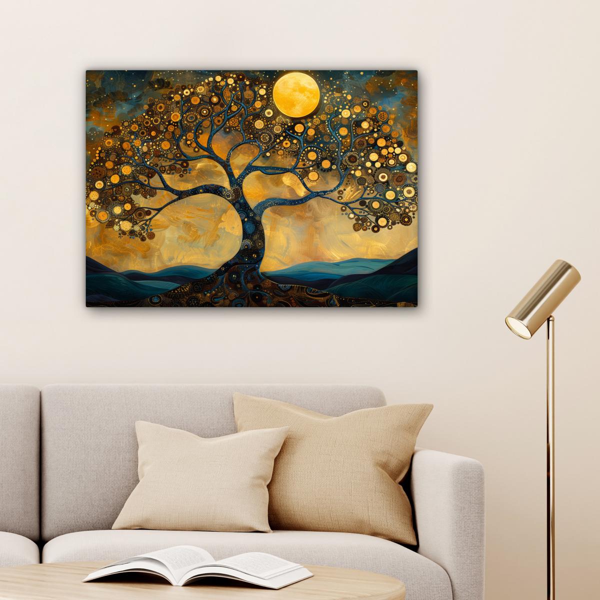 LEINWANDBILD Baum - Mond - Blumen - Gold - Kunst Wandbilder 80x60 cm - Orange, Textil (80/60cm) - MuchoWow