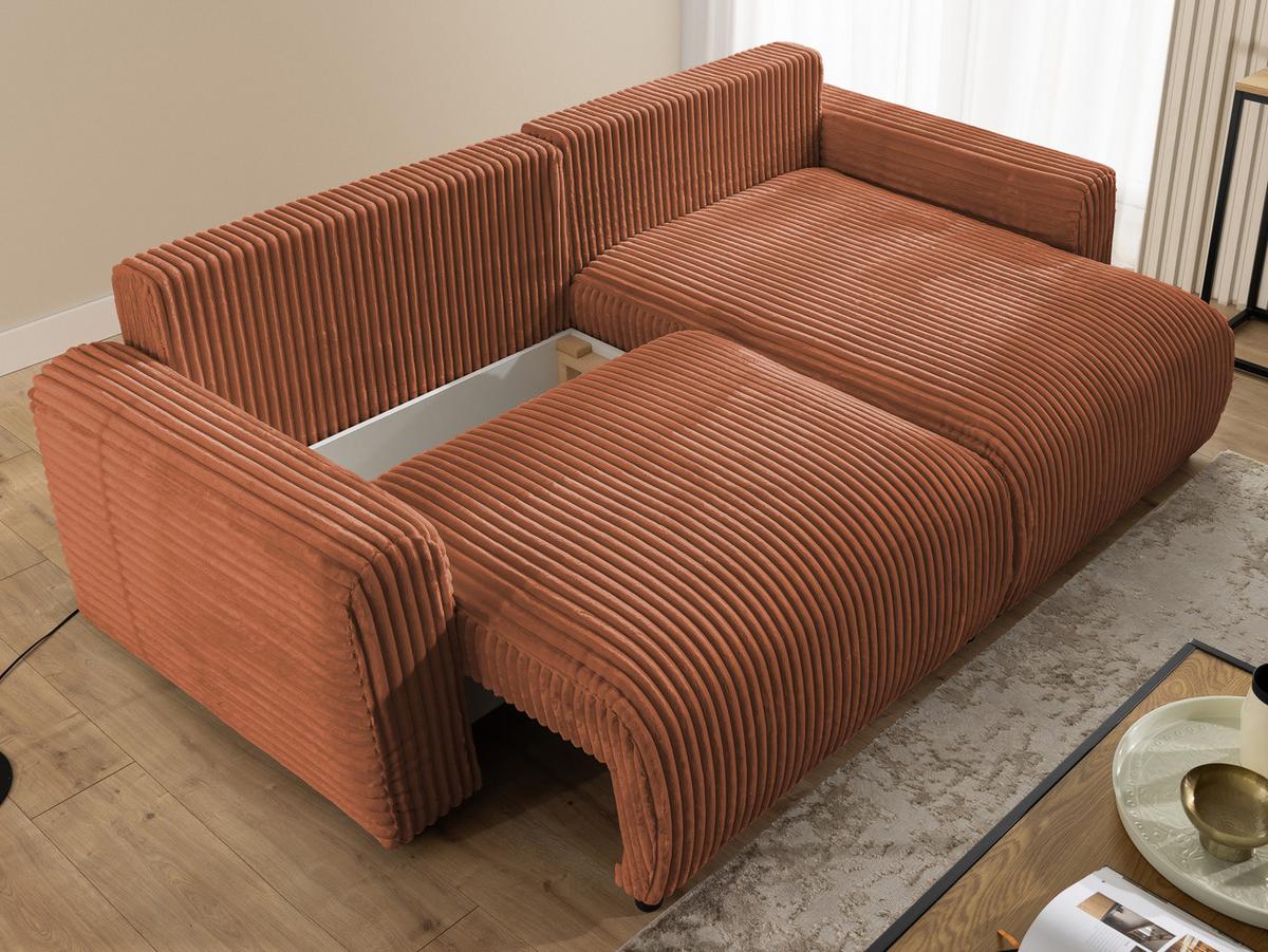 ECKSOFA Calma mit Schlaffunktion und Bettkasten im Bumpy-Design aus weichem Terrakotta Plüschcord - Ottomane rechts - Terracotta/Schwarz, Holz/Kunststoff (140/239cm) - S-Style