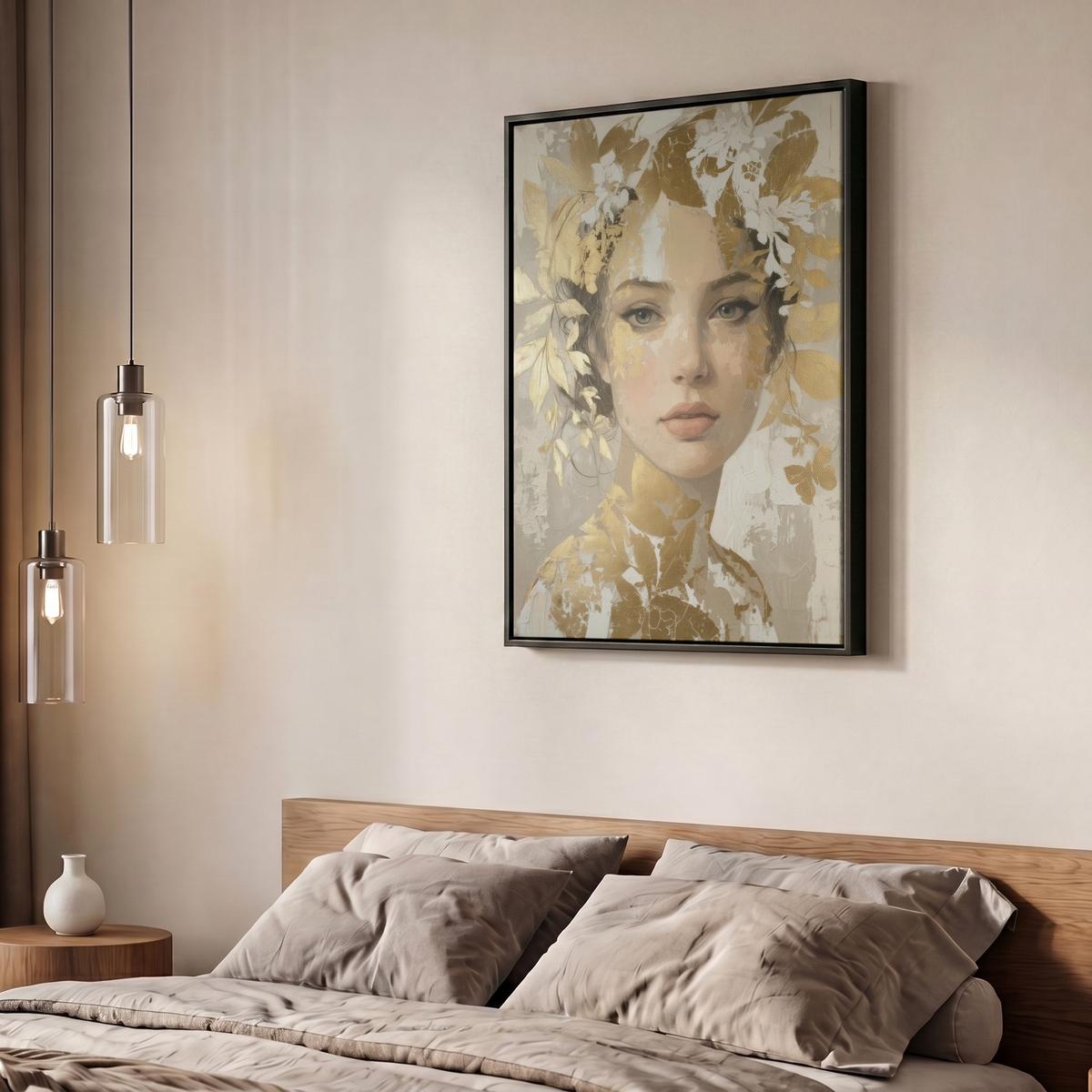 LEINWAND Bilder mit Rahmen - Gesicht - Frau - Blätter - Gold - 60x80 - Beige, Textil (60/80cm) - MuchoWow