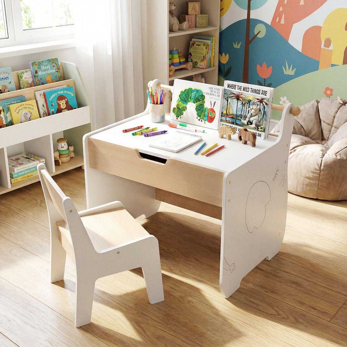 KINDERTISCH mit Stuhl weiß(2-tlg) - Weiß, Holzwerkstoff (61.5/59/47cm) - COSTWAY