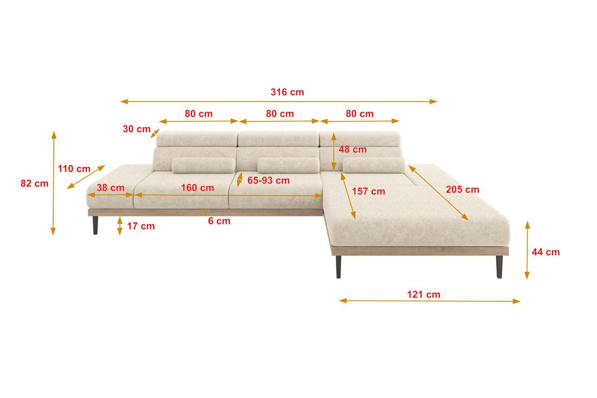 ELEKTRISCHES ECKSOFA Rechts MONA 316x205x85 Creme Velours - Creme, Holzwerkstoff/Textil (316/205cm) - ALTDECOR