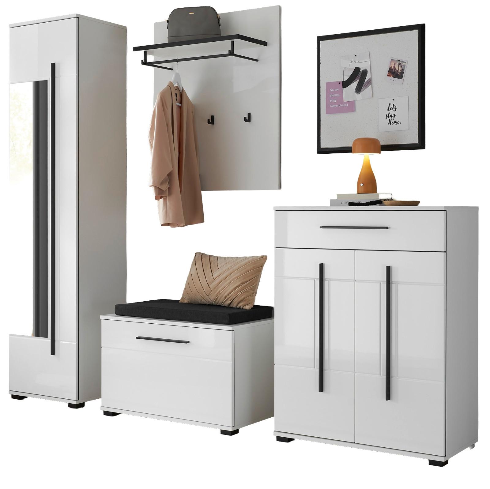 GARDEROBEN-SET weiß Hochglanz 5-teilig 230 cm, Flurgarderobe mit viel Stauraum - Dunkelgrau/Weiß Hochglanz, Glas/Holzwerkstoff (230/230/40cm) - Furn.Design