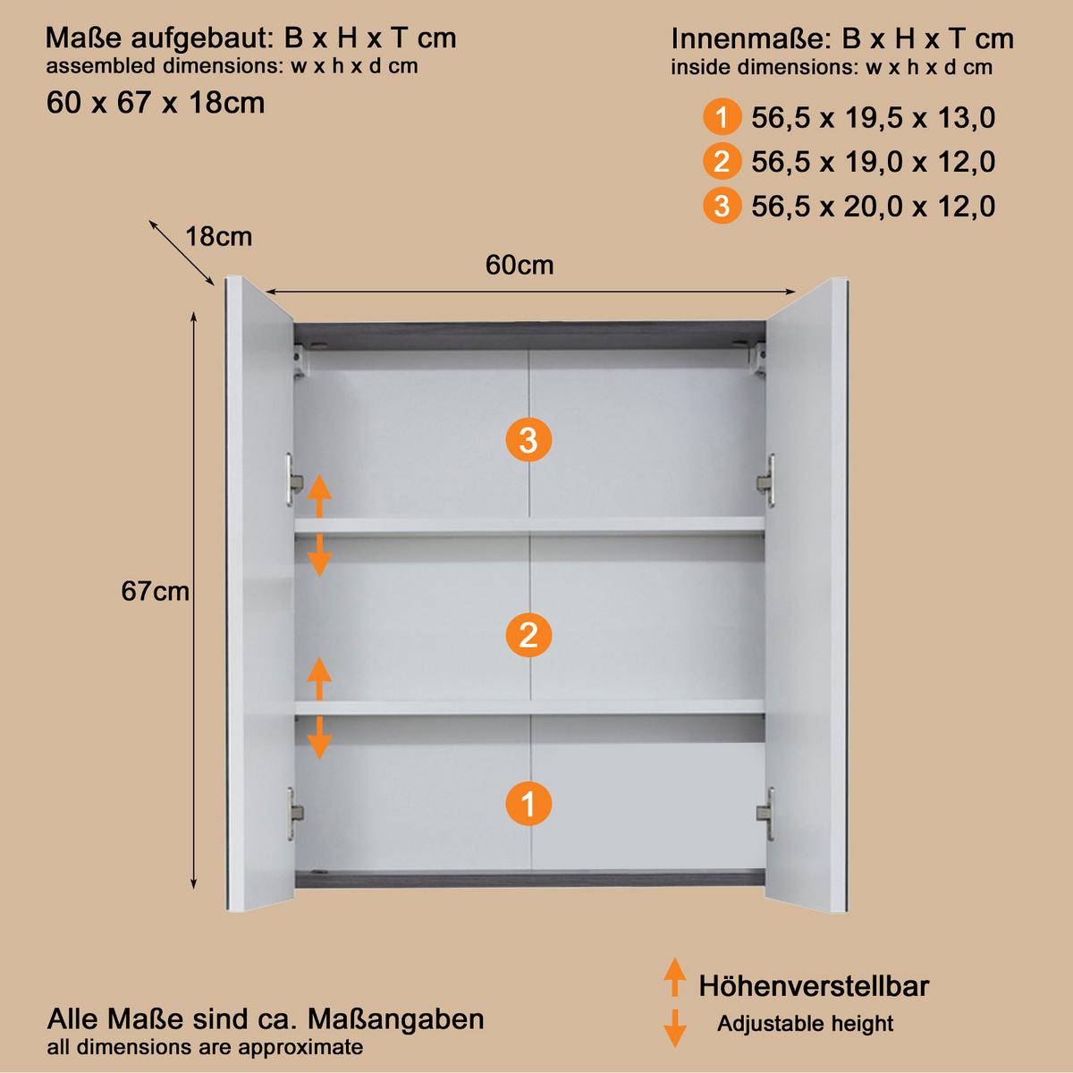 SPIEGELSCHRANK grau Rauchsilber, Badschrank 2-türig 60 x 67 cm - Grau, Glas/Holzwerkstoff (60/67/18cm) - Top.Furn